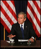 President George W. Bush delivers remarks during a drop-by meeting on the economy and tax cuts Monday, June 2, 2008, in the Dwight D. Eisenhower Executive Office Building in Washington, D.C. President Bush said during his remarks, "The best way to deal with economic uncertainty is to let people have more of their own money, because we believe that the economy benefits when there's more money in circulation, in the hands of the people who actually earned it." White House photo by Joyce N. Boghosian