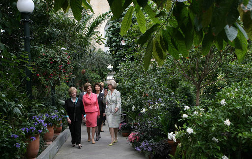 Mrs. Lynne Cheney, Mrs. Laura Bush, and Labor Secretary Elaine Chao are led on a tour of the United States Botanic Garden in Washington, D.C. by Mrs. Grace Nelson, Chair of the Senate Spouses' Luncheon Committee, Tuesday, June 3, 2008, prior to a luncheon honoring Mrs. Bush. White House photo by Shealah Craighead