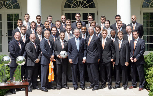 President George W. Bush poses for a photo with the 2007 Major League Soccer Cup Champions, the Houston Dynamo Thursday, June 5, 2008, in the Rose Garden at the White House. White House photo by Joyce N. Boghosian