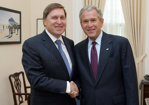 Russia’s outgoing Ambassador to the United States, Yuriy Ushakov, paid a farewell courtesy call on the President on June 6, 2008. With over nine years of service in Washington, Ambassador Ushakov is the longest serving post-Soviet Russian Ambassador to the United States. He has played a critical role in increasing mutual understanding between the United States and Russia and advancing the U.S.-Russia partnership to face the global challenges of the 21st century. The President wished Ambassador Ushakov well on his return to Moscow later this month. White House photo by Joyce N. Boghosian