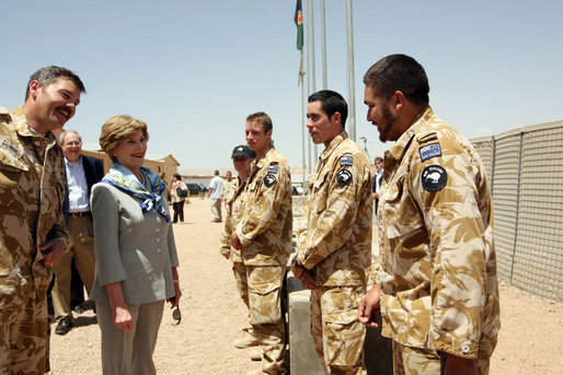 Mrs. Laura Bush greets New Zealand troops during her welcoming ceremony Sunday, June 8, 2008, at the Bamiyan Provincial Reconstruction Team Base. New Zealand’s military took over the Afghanistan military compound from U.S. troops in 2003. White House photo by Shealah Craighead