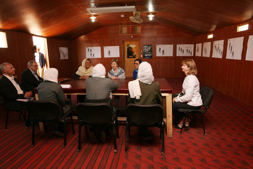 Mrs. Laura Bush participates in a roundtable discussion Sunday, June 8, 2008, with three recent female graduates of the Police Training Academy in Bamiyan, Afghanistan. With her from left are: Governor Habiba Sarabi, U.S. Ambassador to Afghanistan William Wood, Michael Yates, USAID Mission Director, and Paula Dobriansky, U.S. Under Secretary of Global Affairs. There are currently an estimated 420 female police officers in the country. Women comprise less than one percent of the senior ranks of the police. The majority of these women serve in Kabul; two women serve as brigadier generals. White House photo by Shealah Craighead