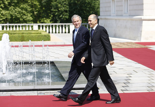 President George W. Bush walks with Slovenia's Prime Minister Janez Janša following a meeting at Brdo Castle Tuesday, June 10, 2008, in Kranj, Slovenia. White House photo by Eric Draper