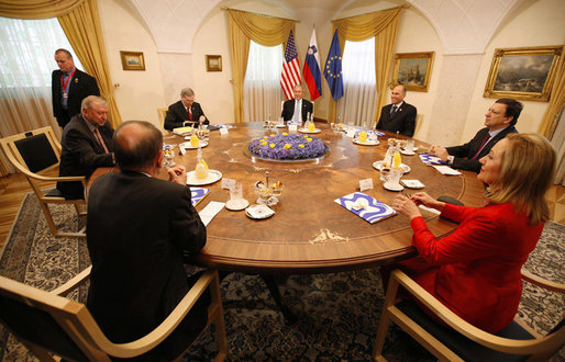 President George W. Bush attends a meeting with a delegation of European Union leaders, joined by National Security Advisor Steve Hadley, left, Tuesday, June 10, 2008 at Brdo Castle in Kranj, Slovenia. Joining President Bush from right are, Slovenia Prime Minister Janez Jansa; European Commission President Jose Manuel Barroso; Benita Ferrero-Waldner, commissioner for External Relations and European Neighborhood Policy; European Union Secretary General Javier Solana and Dimitrij Rupel, Slovenia Minister for Foreign Affairs. White House photo by Eric Draper