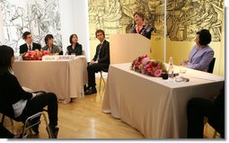 Mrs. Laura Bush addresses the Za in Proti (ZIP) student event Tuesday, June 10, 2008 in Kranj, Slovenia, joined by Slevenia's First Lady Barbara Miklic Turk, right.  White House photo by Shealah Craighead