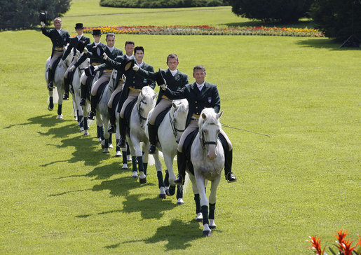 Riders guide Lipizzaner stallions through their paces during an exhibition attended by President George W. Bush and Laura Bush, Tuesday, June 10, 2008, at Brdo Castle in Kranj, Slovenia. White House photo by Eric Draper