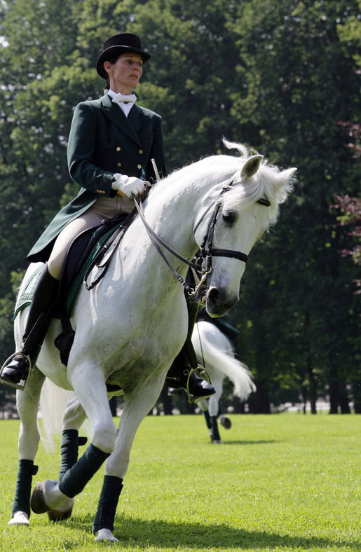 A rider guides a Lipizzaner stallion during an exhibition Tuesday, June 10, 2008, at Brdo Castle in Kranj, Slovenia. White House photo by Chris Greenberg