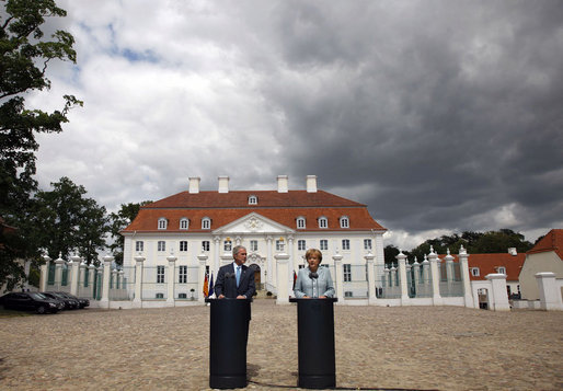 President George W. Bush and Germany's Chancellor Angela Merkel take part in a joint press availability Wednesday, June 11, 2008, at Schloss Meseberg in Meseberg, Germany. White House photo by Eric Draper