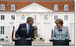 President George W. Bush and Germany's Chancellor Angela Merkel are seen together during a joint press availability Wednesday, June 11, 2008, at Schloss Meseberg in Meseberg, Germany. White House photo by Eric Draper