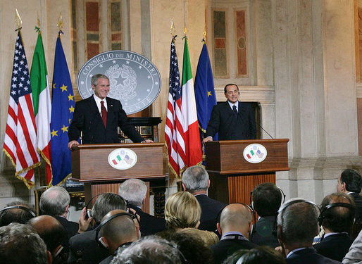President George W. Bush and Italian Prime Minister Silvio Berlusconi participate in a joint press availability Thursday, June 12, 2008, at the Villa Madama in Rome. White House photo by Chris Greenberg