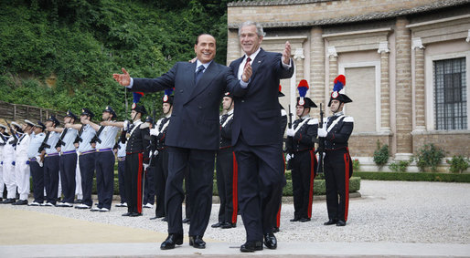 President George W. Bush is welcomed by Italian Prime Minister Silvio Berlusconi on his arrival Thursday, June 12, 2008, for meetings at the Villa Madama in Rome. White House photo by Eric Draper