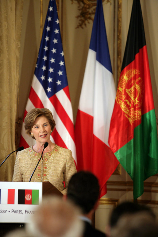 Mrs. Laura Bush delivers remarks during reception with United States - Afghan Donor's Conference Wednesday, June 11, 2008, at the Ambassadors Residence in Paris. White House photo by Shealah Craighead