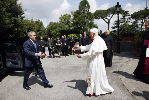President George W. Bush is welcome by Pope Benedict XVI as he arrives Friday, June 13, 2008 at the Vatican. White House photo by Eric Draper