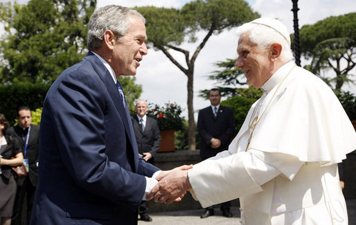 President George W. Bush shakes hands with Pope Benedict XVI as he arrives Friday, June 13, 2008, at the Vatican. White House photo by Eric Draper