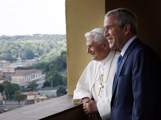 President George W. Bush is shown a view of the Lourdes Grotto by Pope Benedict XVI Friday, June 13, 2008, at the Vatican. White House photo by Eric Draper