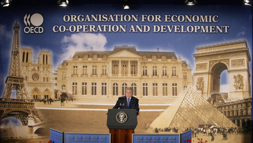 President George W. Bush addresses his remarks at the Organization for Economic Co-operation and Development Friday, June 13, 2008, in Paris, honoring the strong relationship between the United States and Europe. White House photo by Chris Greenberg