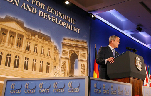 President George W. Bush addresses the Organization for Economic Co-operation and Development Friday, June 13, 2008, in Paris, saying "America and Europe are cooperating to widen the circle of development and prosperity." White House photo by Shealah Craighead