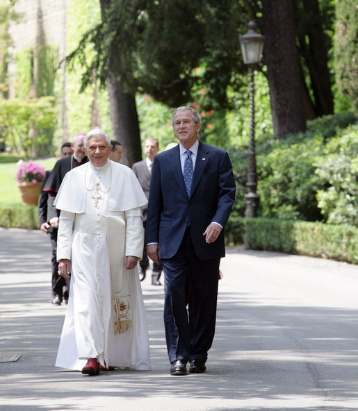 President George W. Bush joins Pope Benedict XVI on a walk through the Vatican Gardens Friday, June 13, 2008 at the Vatican. White House photo by Chris Greenberg