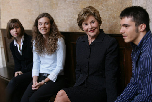 Mrs. Laura Bush meets with students at the American Study Center Friday, June 13, 2008, at the Mattei Palace in Rome. White House photo by Shealah Craighead