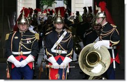 Band members await the arrival of President George W. Bush Saturday, June 14, 2008, as they stand near the courtyard of the Elysée Palace in Paris.  White House photo by Chris Greenberg