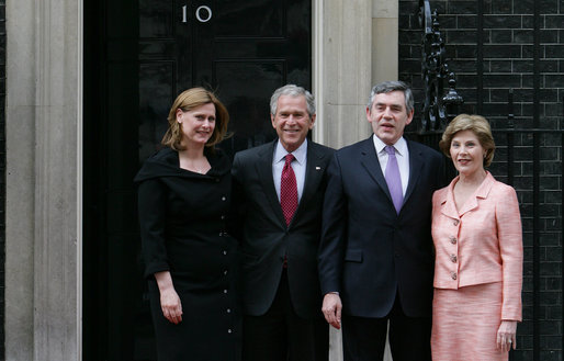 President George W. Bush and Laura Bush are met by British Prime Minster Gordon Brown and his wife, Sarah, on their arrival Sunday, June 15, 2008 to 10 Downing Street in London. White House photo by Chris Greenberg