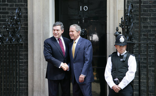 President George W. Bush arrives at 10 Downing Street Monday, June 16, 2008, in London, to meet with Prime Minister Gordon Brown of the United Kingdom. White House photo by Chris Greenberg