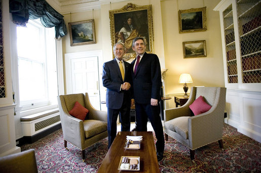 President George W. Bush and British Prime Minister Gordon Brown shake hands at a meeting Monday, June 16, 2008, at No. 10 Downing Street in London. White House photo by Eric Draper