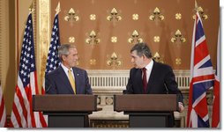 President George W. Bush and British Prime Minister Gordon Brown attend a joint news conference Monday, June 16, 2008 in London. White House photo by Eric Draper