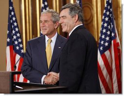 President George W. Bush and British Prime Minister Gordon Brown shake hands at their joint news conference Monday, June 16, 2008 in London. White House photo by Eric Draper