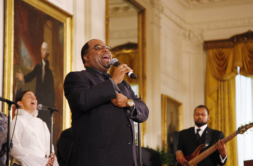 Kurt Carr and the Kurt Carr Singers perform for President George W. Bush and guests Tuesday, June 17, 2008 in the East Room of the White House, in honor of Black Music Month. White House photo by Eric Draper