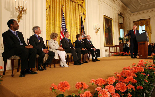 President George W. Bush welcomes the recipients of the Presidential Medal of Freedom during his remarks at the presentation of the Presidential Medal of Freedom ceremony Thursday, June 19, 2008, in the East Room of the White House. White House photo by Shealah Craighead