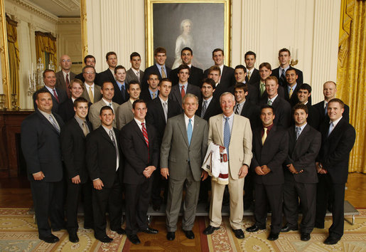 President George W. Bush poses with members of the Boston College Men's Ice Hockey Team on Tuesday, June 24, 2008 during a photo opportunity at the White House with the 2007 and 2008 NCAA Sports Champions. White House photo by Eric Draper