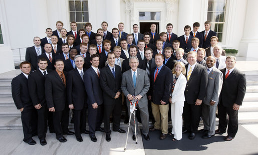 President George W. Bush stands with members of the Syracuse University Men's Lacrosse Team on Tuesday, June 24, 2008, during a photo opportunity at the White House with the 2007 and 2008 NCAA Sports Champions. White House photo by Eric Draper