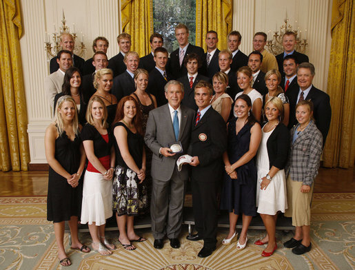 President George W. Bush stands with members of the University of Denver Men's and Women's ski teams, Tuesday, June 24, 2008, during a photo opportunity with the 2007 and 2008 NCAA Sports Champions. White House photo by Eric Draper