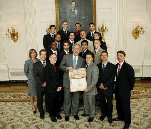 President George W. Bush stands with members of the University of Oklahoma Men's Gymnastics' team, Tuesday, June 24, 2008, during a photo opportunity with the 2007 and 2008 NCAA Sports Champions. White House photo by Eric Draper