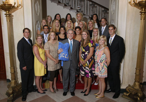 President George W. Bush stands with members of the UCLA Women's Water Polo team, Tuesday, June 24, 2008, during a photo opportunity with the 2007 and 2008 NCAA Sports Champions. White House photo by Eric Draper