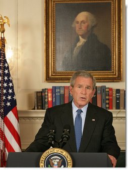 President George W. Bush issues a statement on the legislative agenda Thursday, June 26, 2008, in the Diplomatic Reception Room of the White House. Before it departs on recess, the President urged Congress to attend to outstanding business saying, "I asked the Democratic leaders to make the last two days before their recess productive. I, of course, wish the members to have a great 4th of July week, and I'm looking forward to working with them to address critical issues facing our nation when they return."  White House photo by Chris Greenberg