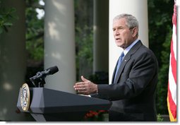 President George W. Bush delivers a statement on North Korea Thursday, June 26, 2008, in the Rose Garden of the White House. Said the President, "The policy of the United States is a Korean Peninsula free of all nuclear weapons. This morning, we moved a step closer to that goal, when North Korean officials submitted a declaration of their nuclear programs to the Chinese government as part of the six-party talks."  White House photo by Chris Greenberg