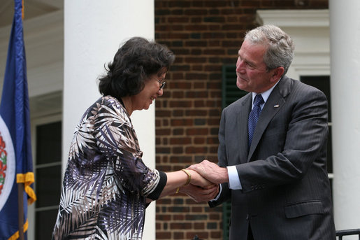 President George W. Bush shakes hands with new United States Citizens at Monticello's 46th Annual Independence Day Celebration and Naturalization Ceremony Friday, July 4. 2008, in Charlottesville, VA. White House photo by Joyce N. Boghosian