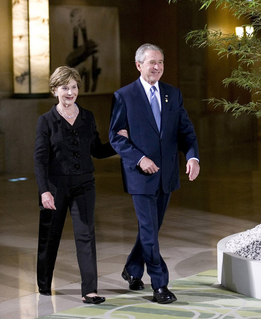 President George W. Bush and Mrs. Laura Bush arrive at the Dinner with G-8 Leaders and Spouses Monday, July 7, 2008, at the Windsor Hotel Toya Resort and Spa in Toyako, Japan. White House photo by Eric Draper