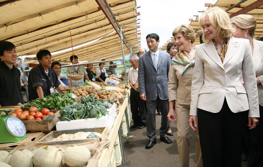 Mrs. Laura Bush joins spouses of the G-8 leaders as they visit the Hokkaido Marche (northern farm market), in Makkari Village Tuesday, July 8, 2008. The Hokkaido Marche was especially organized by the local residents on the occasion of the Summit, with the aim of illustrating the richness of locally produced foods. White House photo by Shealah Craighead