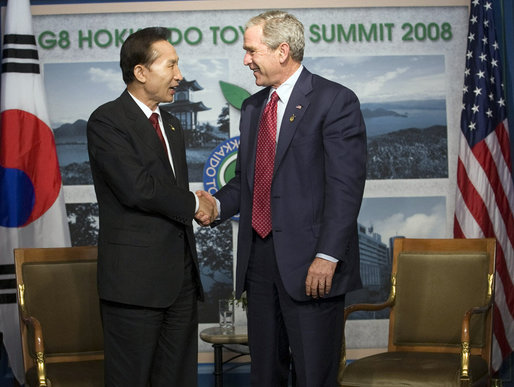 President George W. Bush shakes hands with Republic of Korea President Lee Myung-bak following their meeting at the G-8 Summit Wednesday, July 9, 2008, in Toyako, Japan. White House photo by Eric Draper
