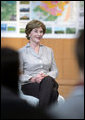 Mrs. Laura Bush participates in a discussion with Junior 8 (J8) members during her visit to the Lake Toya Visitors Center Wednesday, July 9, 2008, in Hokkaido, Japan. White House photo by Shealah Craighead