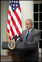 President George W. Bush addresses reporters Wednesday, July 9, 2007 in the Rose Garden at the White House, to thank Democratic and Republican members of Congress, and administration members, for their hard work in gaining passage of the FISA Reform legislation. White House photo by Luke Sharrett