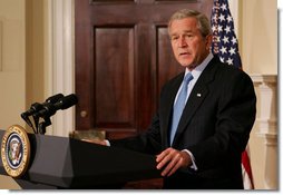 President George W. Bush addresses his remarks honoring the 10th anniversary of the International Religious Freedom Act, speaking Monday, July 14, 2007 in the Roosevelt Room at the White House. White House photo by Joyce N. Boghosian