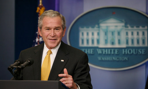 President George W. Bush gestures as he speaks with reporters during a news conference Tuesday, July 15, 2008, in the James S. Brady Press Briefing Room of the White House. White House photo by Joyce N. Boghosian