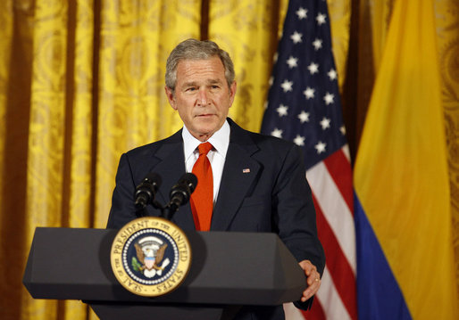 President George W. Bush delivers remarks during the celebration of Colombian Independence Day Tuesday, July 22, 2008, in the East Room of the White House. White House photo by Eric Draper