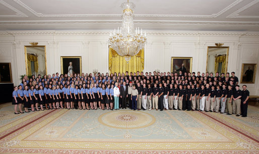 President George W. Bush poses for a photo with the 2008 Boys and Girls Nation delegates Wednesday, July 23, 2008, in the East Room of the White House. The Boys and Girls Nation, sponsored by the American Legion, meet annually in Washington, D.C. to gain practical insight into the operation of the Federal Government. White House photo by Chris Greenberg