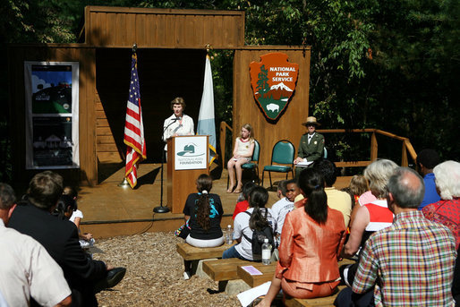 Mrs. Laura Bush addresses her remarks Monday, July 28, 2008, during a visit to the Carl Sandburg Home National Historic Site in Flat Rock, N.C., announcing a $50,000 grant to benefit the Junior Ranger program at the historic site. White House photo by Shealah Craighead