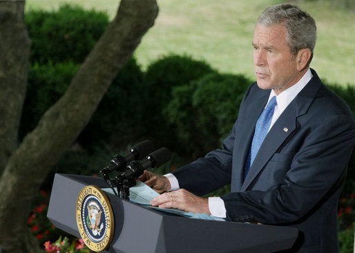 President George W. Bush addresses his remarks on Iraq to reporters Thursday morning, July 31, 2008 on the Colonnade at the White House. President Bush said it has been a month of encouraging news from Iraq, with violence down to its lowest level since the spring of 2004. White House photo by Eric Draper